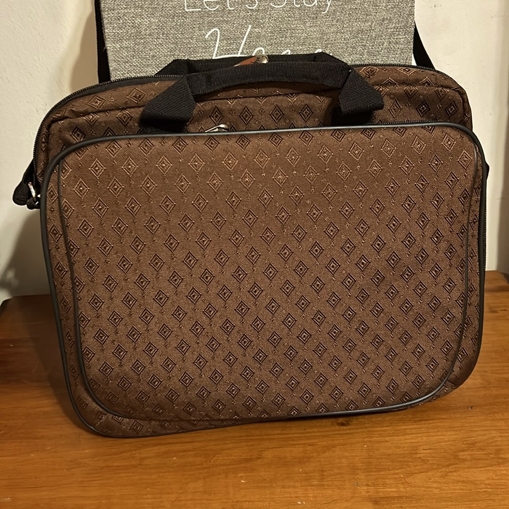Joy Mangano Brown Diamond Design Computer Bag with front pocket. Versatile bag